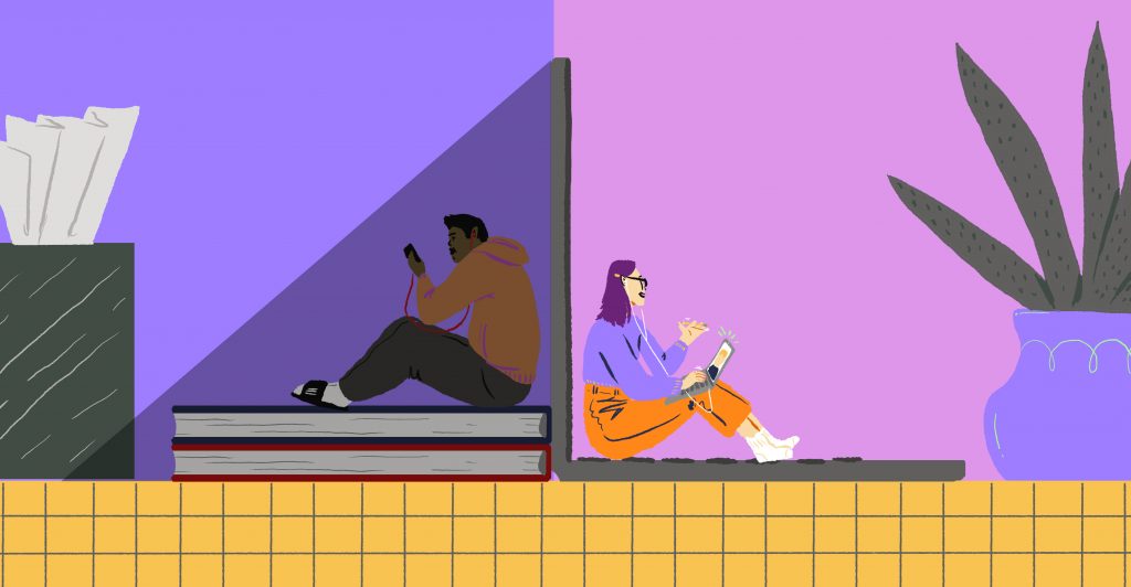 A new study reveals white students are being educated in person while students of color are mostly virtual. An illustration of students sitting on opposite sides of a laptop, looking at their phones.