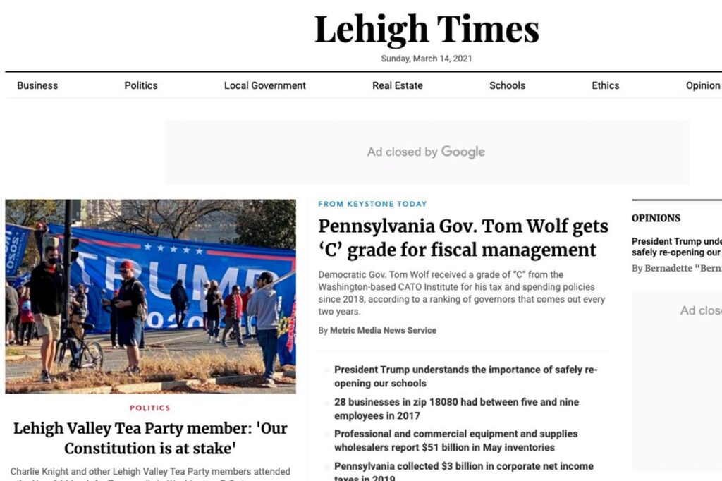 lehigh_times_SPA_031521 “Lehigh Times” is one of 45 local news websites run in Pennsylvania by Metric Media, which has been found to fail basic journalistic standards for trustworthiness and credibility, according a new report. (Screenshot)
