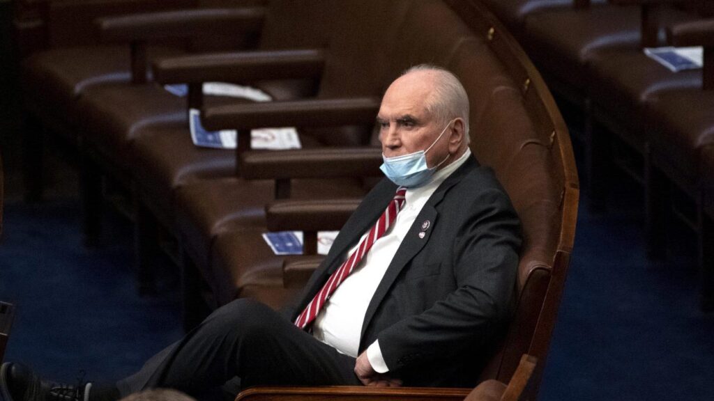 Rep. Mike Kelly, R-Pa., looks on in the House Chamber after they reconvened for arguments over the objection of certifying Arizona’s Electoral College votes in November’s election, at the Capitol in Washington, Wednesday, Jan. 6, 2021