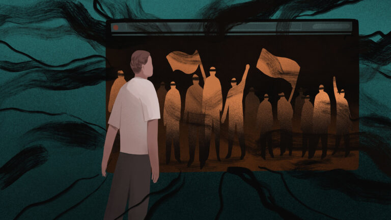 An illustration of a person watching extremists online