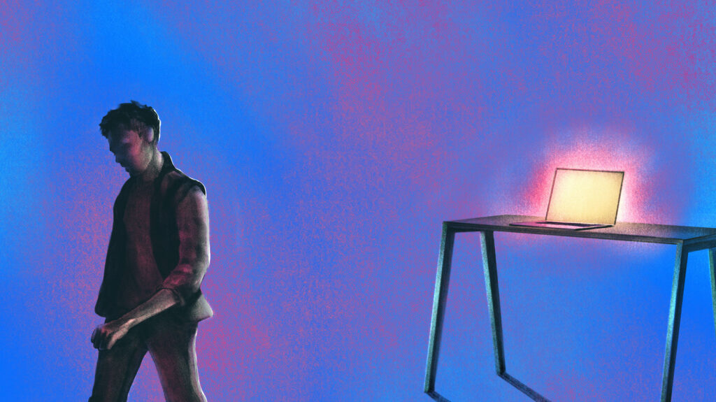 npr_deprogram_final_02-edit_wide-e3439240b2ba02aeac712a0203ad3f5914bef780-s1600-c85 An illustration shows a person walking away from a glowing computer screen
