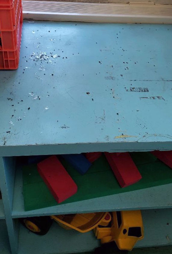 Dirty shelves are pictured inside a Philly classroom