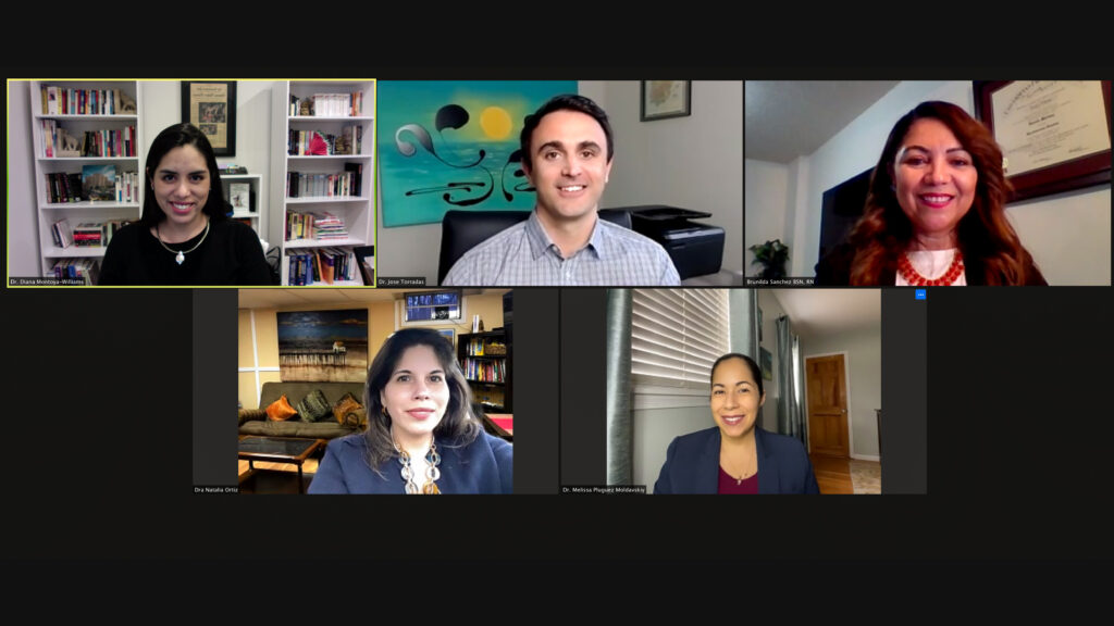unidos-3 Clockwise from left, Diana Montoya-Williams, Jose Torradas, Brunilda 'Cookie' Sanchez, Natalia Ortiz, and Melissa Pluguez-Moldavskiy are members of Unidos Contra Covid. (Screenshot via Zoom)