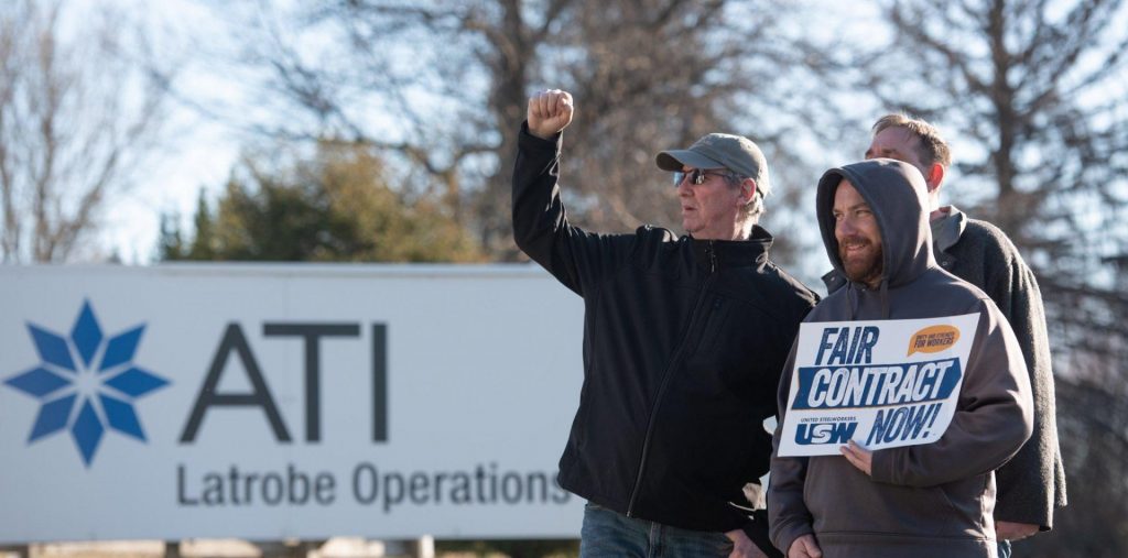 usw_ati_strike_2021-e1617144573770-1920×950 United Steelworkers members strike outside a metal supplier in Westmoreland County.