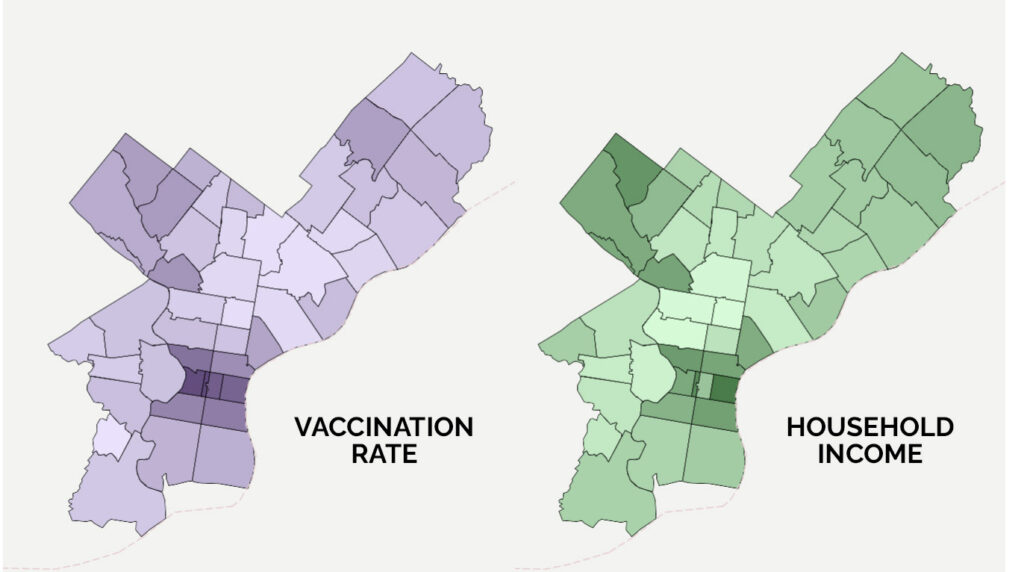 vaxmap-header-01 As of March 10, the distribution of vaccine in the Philadelphia closely mirrors the distribution of wealth BILLY PENN VISUALIZATION