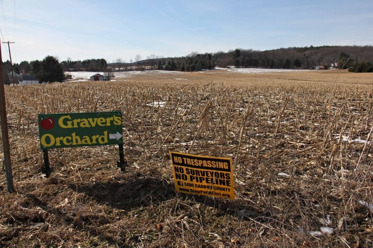 The proposed PennEast pipeline would pass through the fields of the Christman farm, seen from the intersection of Station Street and Pohopoco Drive in Lehighton. (Emma Lee/WHYY)