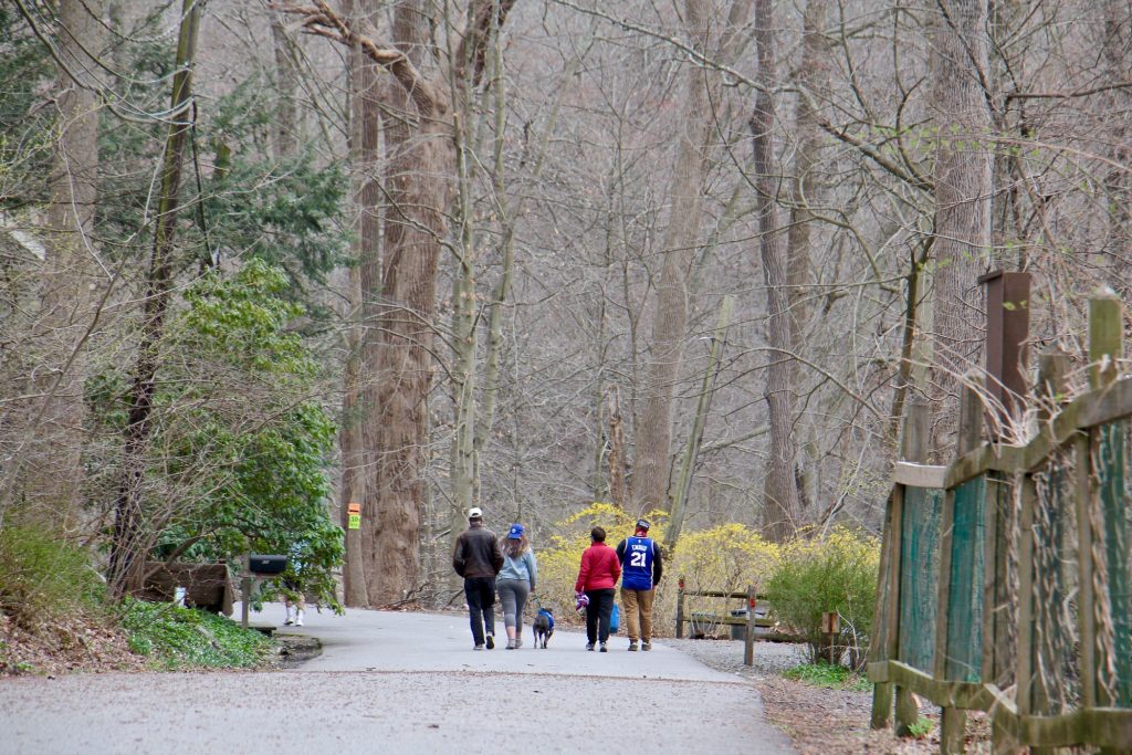 2021 04 01-e lee-delaware county ridley creek state park dog Hikers in Ridley State Park in Media, Pa.