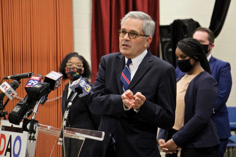 Philadelphia District Attorney Larry Krasner speaks during a press conference