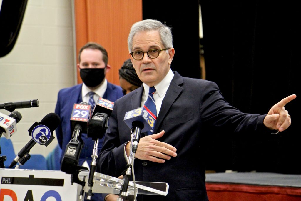 2021 04 12-e lee-larry krasner-philadelphia mt carmel baptist church-district attorney gun violence update point Philadelphia District Attorney Larry Krasner speaks during a press conference
