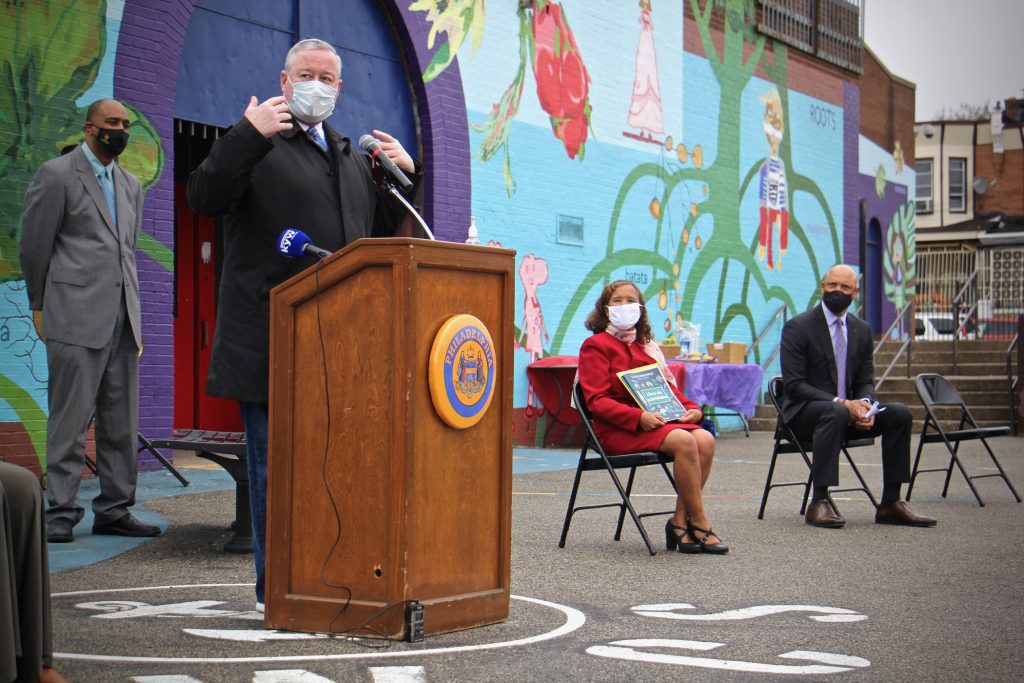 2021 04 12-e lee-mike carroll jim kenney deandra logan william hite-philadelphia william cramp school-safe routes philly bicycle and pedestrian safety Philadelphia Mayor Jim Kenney announces the launch of Safe Routes Philly, the city’s bicycle and pedestrian safety education program, at William Cramp School on April 12, 2021. (Emma Lee/WHYY)
