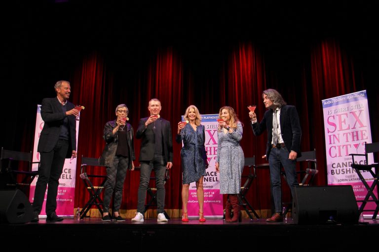 Bucks County Playhouse toasts the debut of Candace Bushnell's one-woman show, 'Is There Still Sex in the City?' which will run at the theater in New Hope from June 22 through July 18. Pictured are (from left) Alex Frasier, Robyn Goodman, Marc Johnston, Candace Bushnell, Lorin Latarro, and Josh Fiedler. (Emma Lee/WHYY)