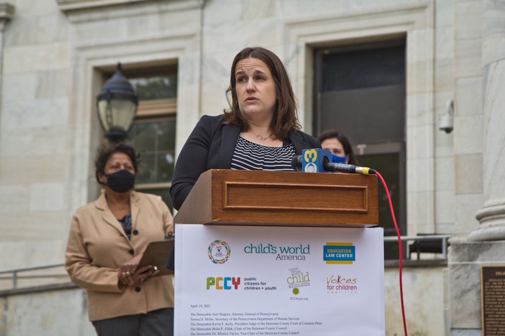 2021 04 19 k paynter delco advocates against abuse of juveniles in detention Leigh Anne McKelvey is the executive director of CASA Youth Advocates. She joined other advocates on the steps of the Delaware County Courthouse to push for more reforms in the wake of abuse at the Delaware County Juvenile Detention Center. (Kimberly Paynter/WHYY)