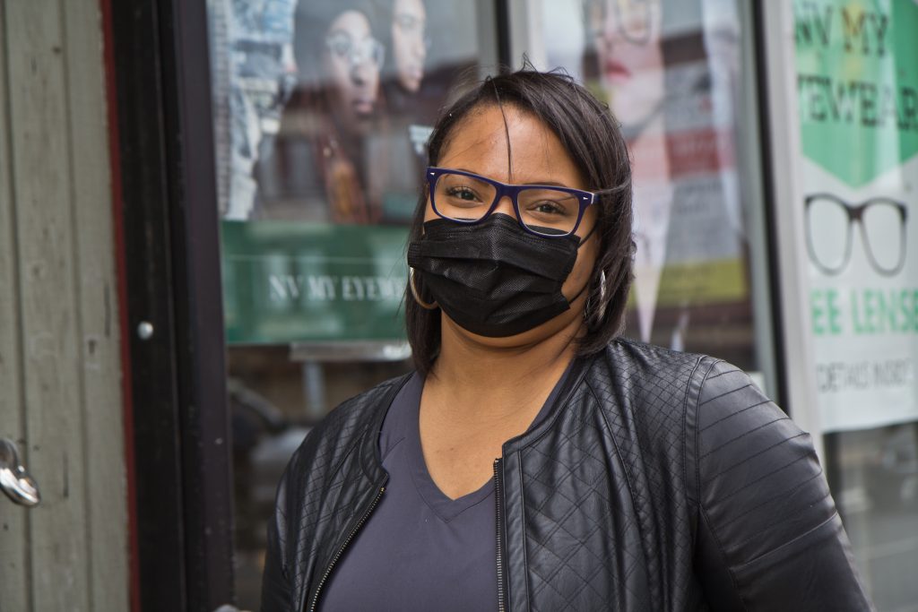 2021 04 20 k paynter 52nd business reactions to chauvin verdict-10 Tiffany Ward, owner of NV My Eyewear on 52nd Street, in front of her store on April 21, 2021. (Kimberly Paynter/WHYY)