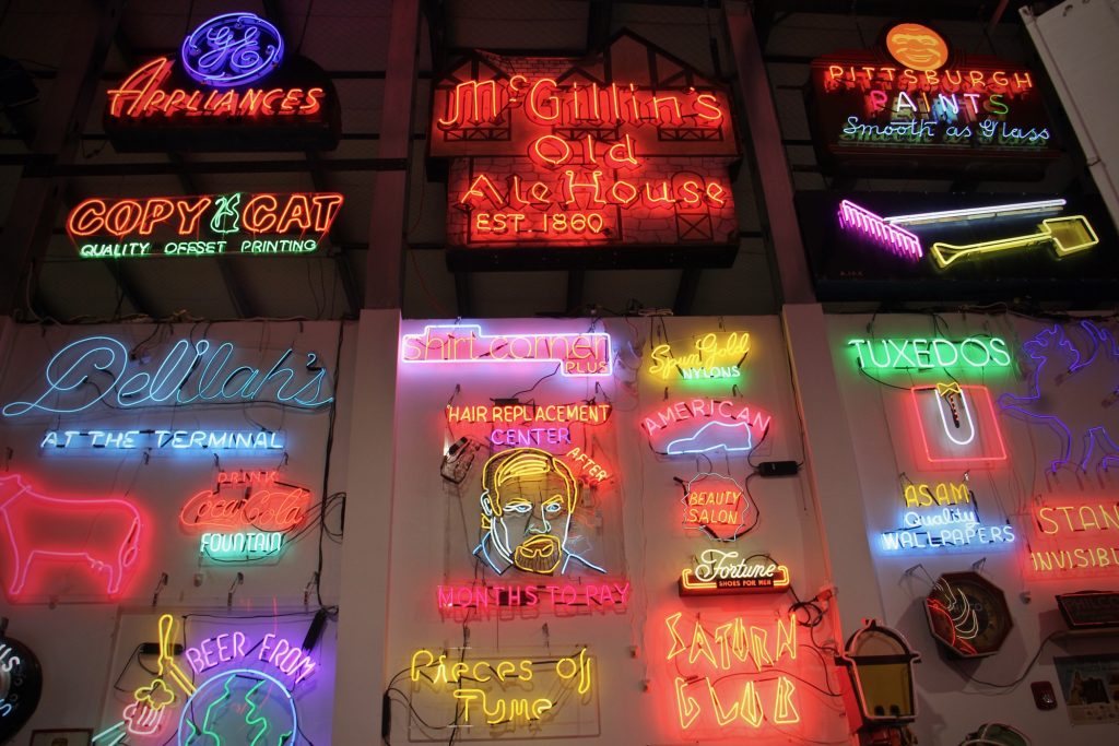 2021 04 21-e lee-philadelphia nexfab building-neon museum mcgillins Many of the items in the Neon Museum are restored signs from Philadelphia businesses. (Emma Lee/WHYY)