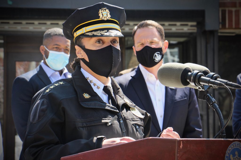 2021 04 23-e lee-danielle outlaw-west philadelphia ymca-state local officials coordinate against gun violence PPD Commissioner Danielle Outlaw addresses the media alongside a group of other state and local leaders
