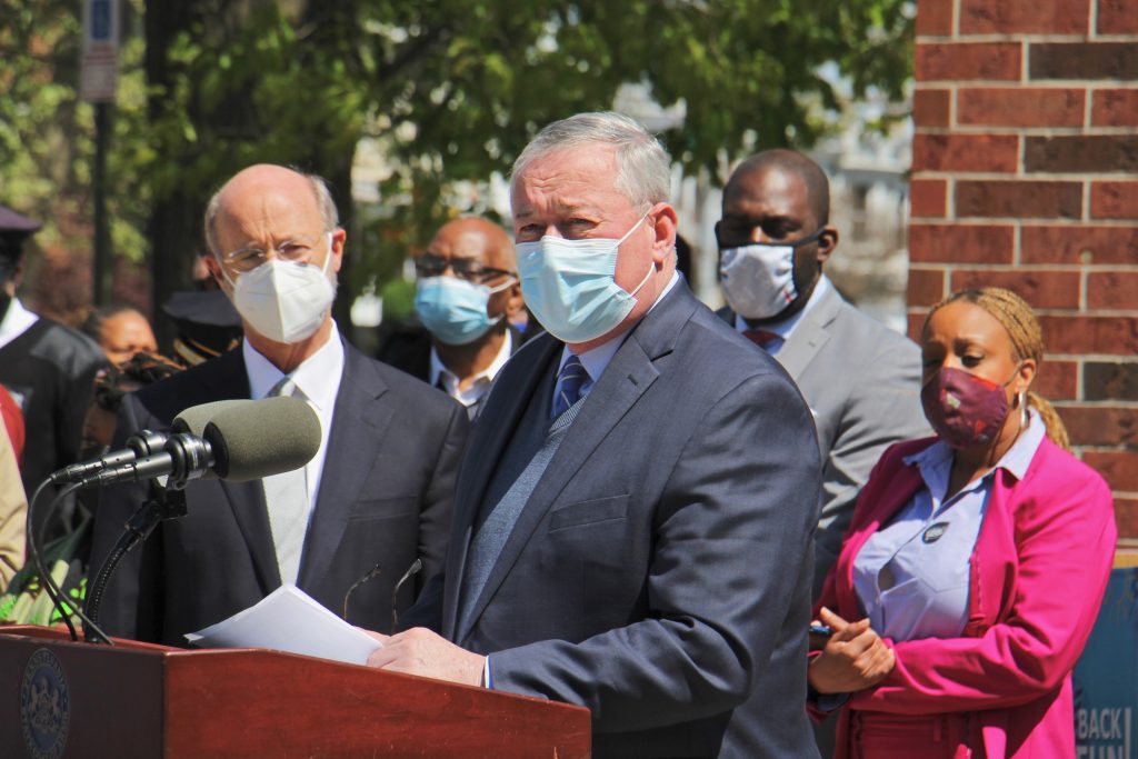 2021 04 23-e lee-tom wolf jim kenney-west philadelphia ymca-state local officials coordinate against gun violence Mayor Jim Kenney addresses the media alongside a group of other state and local leaders
