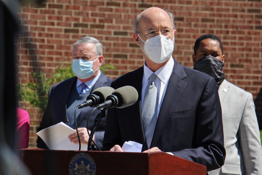 2021 04 23-e lee-tom wolf-west philadelphia ymca-state local officials coordinate against gun violence Gov. Tom Wolf addresses the media alongside a group of other state and local leaders
