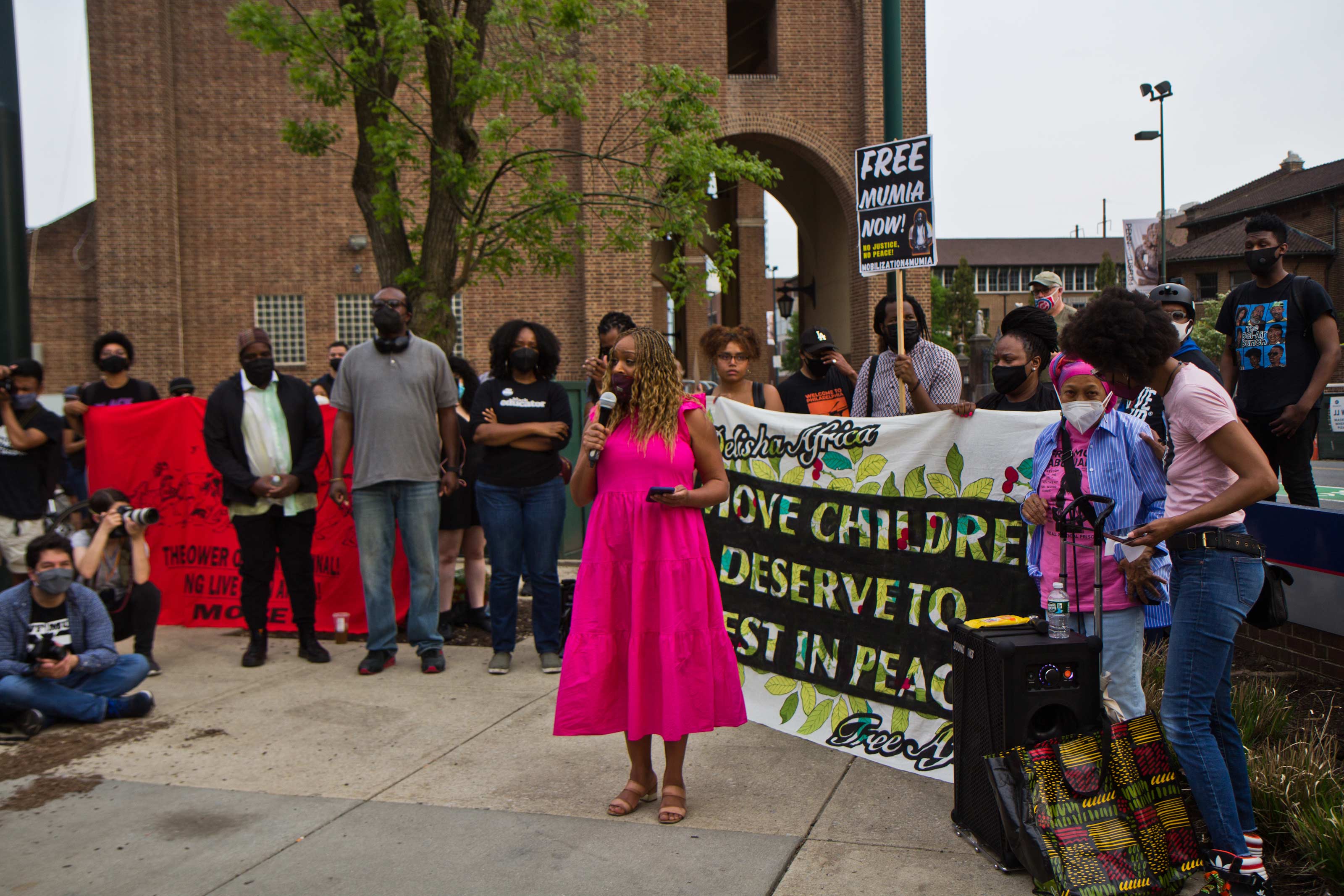 Councilmember Jamie Gauthier joined protesters outside the Penn Museum on April 28, 2021. (Kimberly Paynter/WHYY)