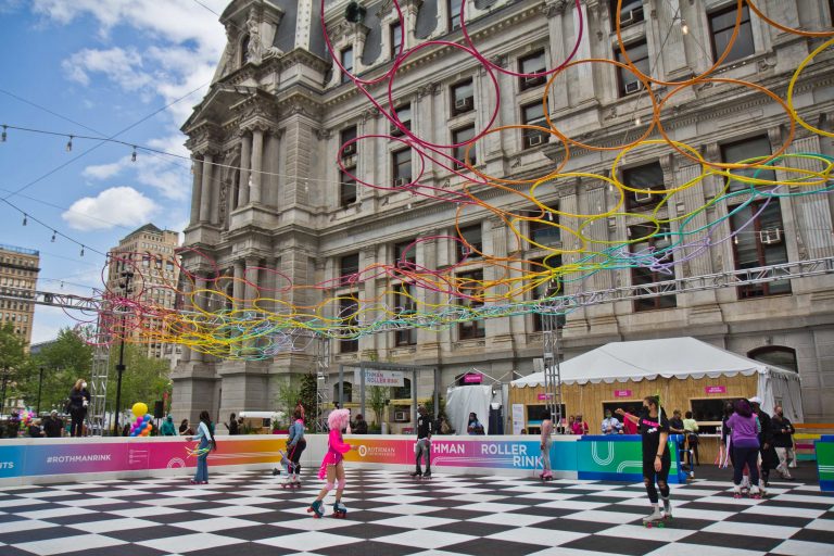 The Rothman Orthopaedics Roller Rink at Dilworth Plaza welcomed its first skaters on April 30, 2021. (Kimberly Paynter/WHYY)