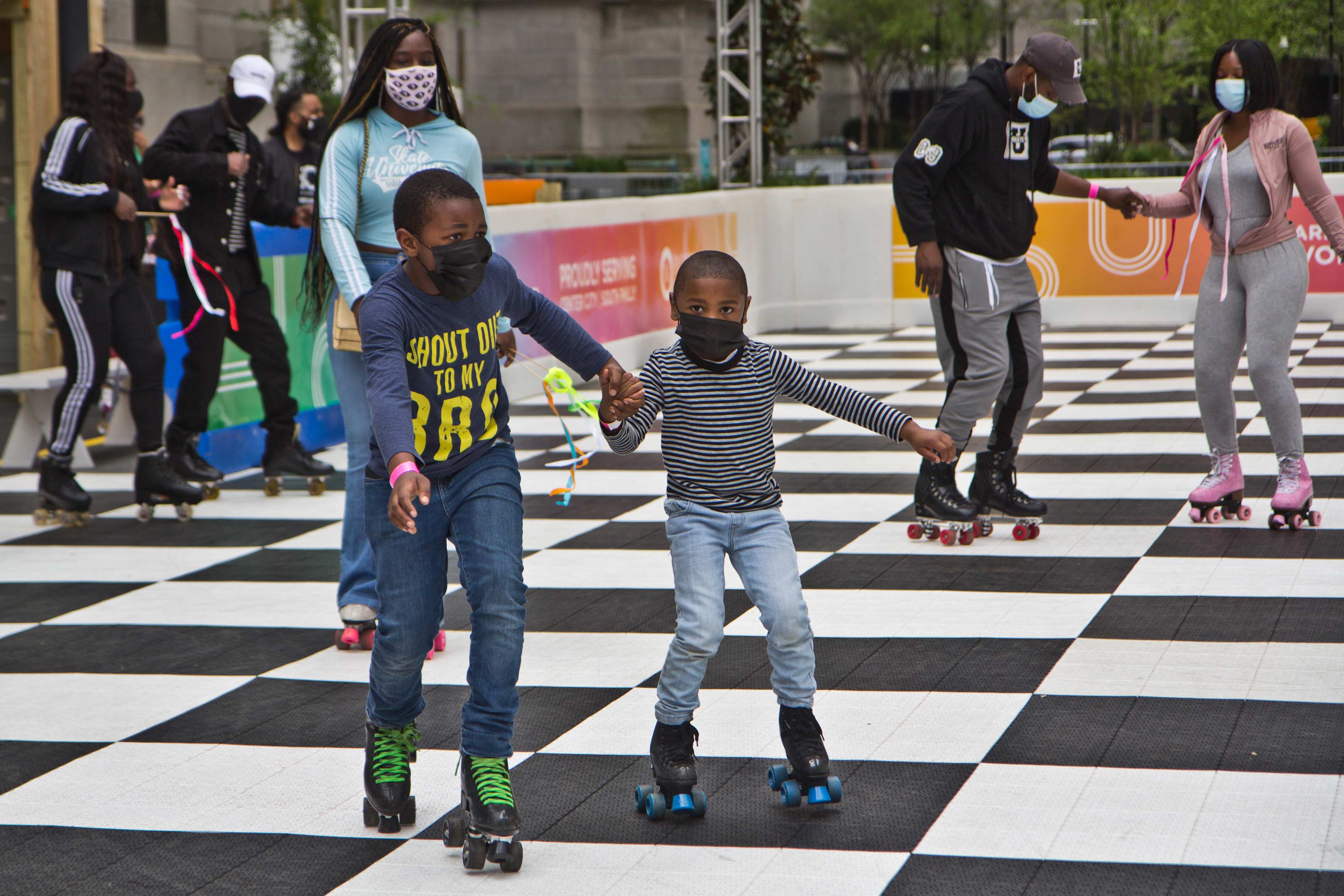 The Rothman Orthopaedics Roller Rink at Dilworth Plaza welcomed its first skaters on April 30, 2021. (Kimberly Paynter/WHYY)