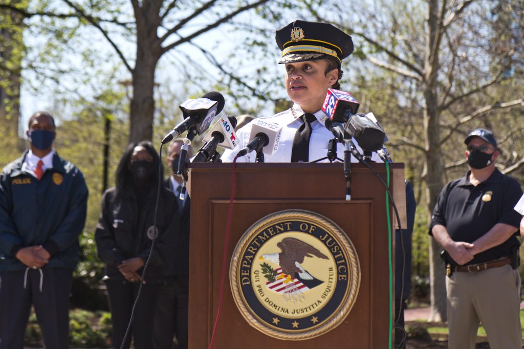 2021 04 8 k paynter gun violence federal help presser danielle outlaw Philadelphia Police Commissioner Danielle Outlaw addresses the press