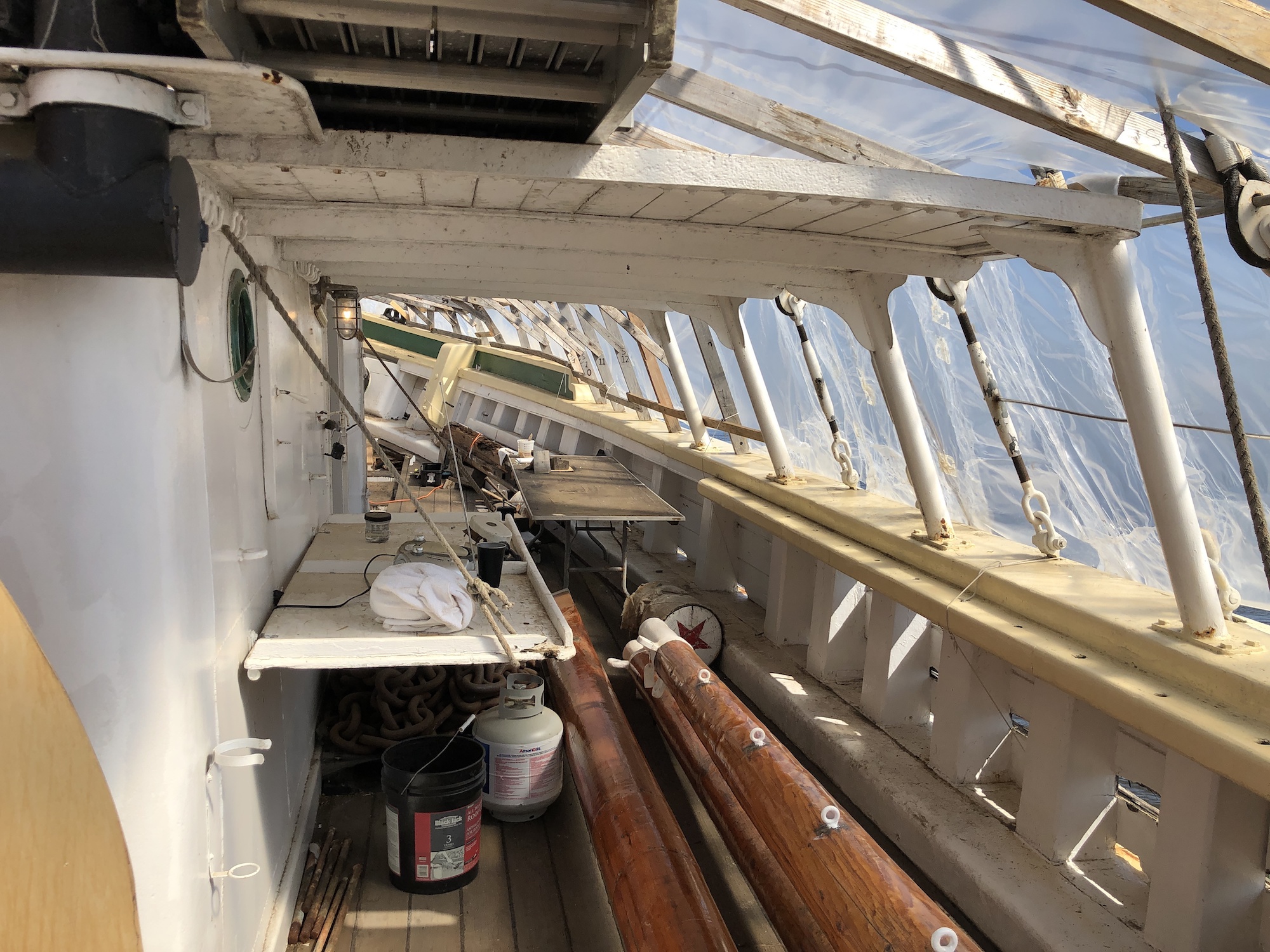A view of the bow under the winter cover.