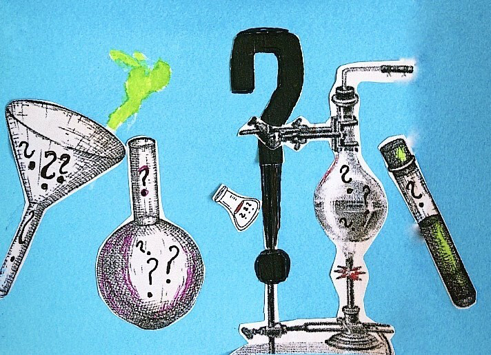 95DE515B-CE62-4EBB-9813-0111C739E191 Illustration of beakers and laboratory science equipment with question marks