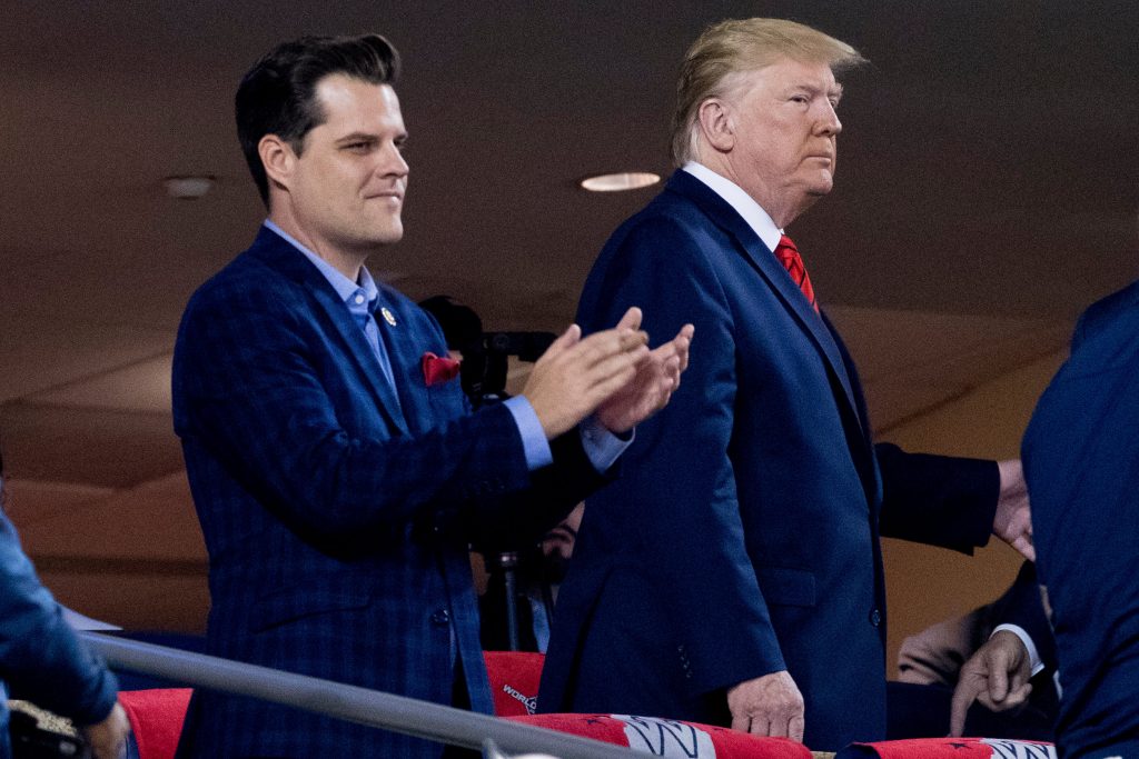 Donald Trump,Matt Gaetz In this Oct. 27, 2019, file photo President Donald Trump, right, accompanied by Rep. Matt Gaetz, R-Fla., left, arrive for Game 5 of the World Series baseball game between the Houston Astros and the Washington Nationals at Nationals Park in Washington. (AP Photo/Andrew Harnik)