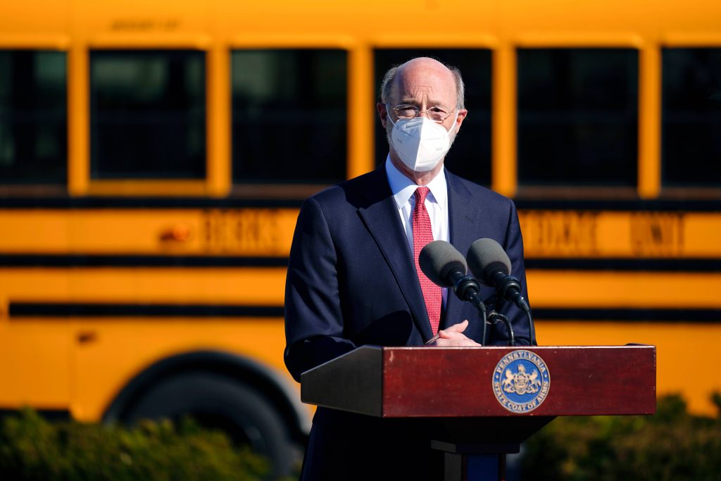 Tom Wolf In this March 15, 2021 file photo, Gov. Tom Wolf speaks at a COVID-19 vaccination site setup at the Berks County Intermediate Unit in Reading, Pa. (AP Photo/Matt Rourke)