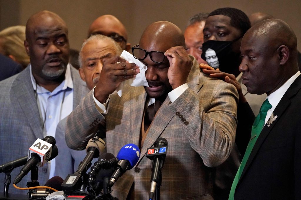 APTOPIX George Floyd Officer Trial George Floyd's brother Philonise Floyd wipes his eyes during a news conference, Tuesday, April 20, 2021, in Minneapolis, after the verdict was read in the trial of former Minneapolis Police officer Derek Chauvin for the murder of George Floyd. (AP Photo/Julio Cortez)