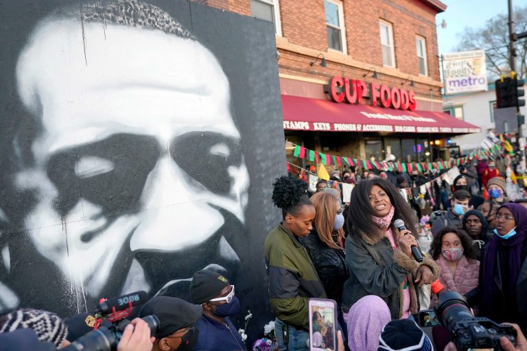 Angela Harrelson, right, aunt of George Floyd, talks to supporters at George Floyd Square after a guilty verdict was announced at the trial of former Minneapolis police Officer Derek Chauvin for the 2020 death of Floyd, Tuesday, April 20, 2021, in Minneapolis. (AP Photo/Julio Cortez)