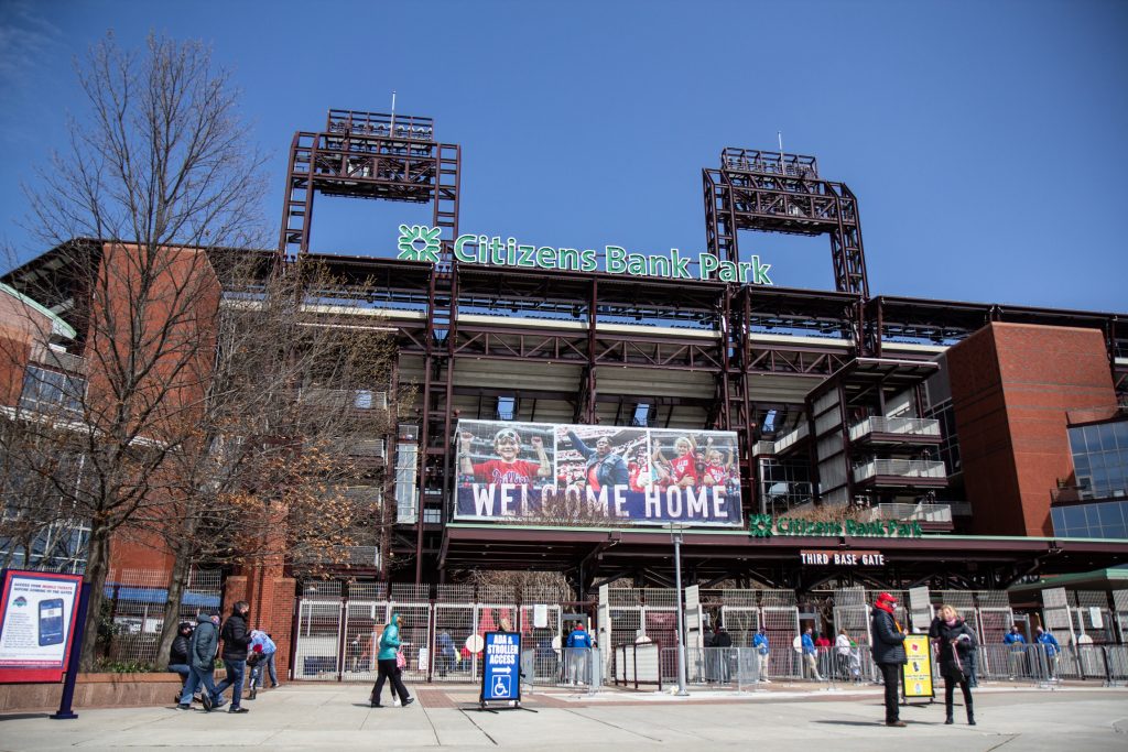 IMG_0004 Phillies fans arrive for opening day at Citizens Bank Park on April 1, 2021. (Kimberly Paynter/WHYY)
