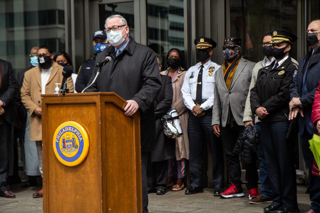 IMG_0888 Philadelphia Mayor Jim Kenney was joined by community leaders, police leadership, business owners and faith leaders to announce resources and planning in advance of the verdict in the murder trial of Derek Chauvin. (Kimberly Paynter/WHYY)