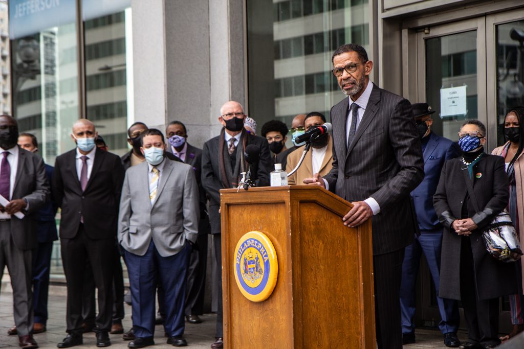 IMG_0940 Philadelphia Commerce Director Michael Rashid joined other city leaders to announce plans and resources available in advance of the verdict in the murder trial of Derek Chauvin. (Kimberly Paynter/WHYY)