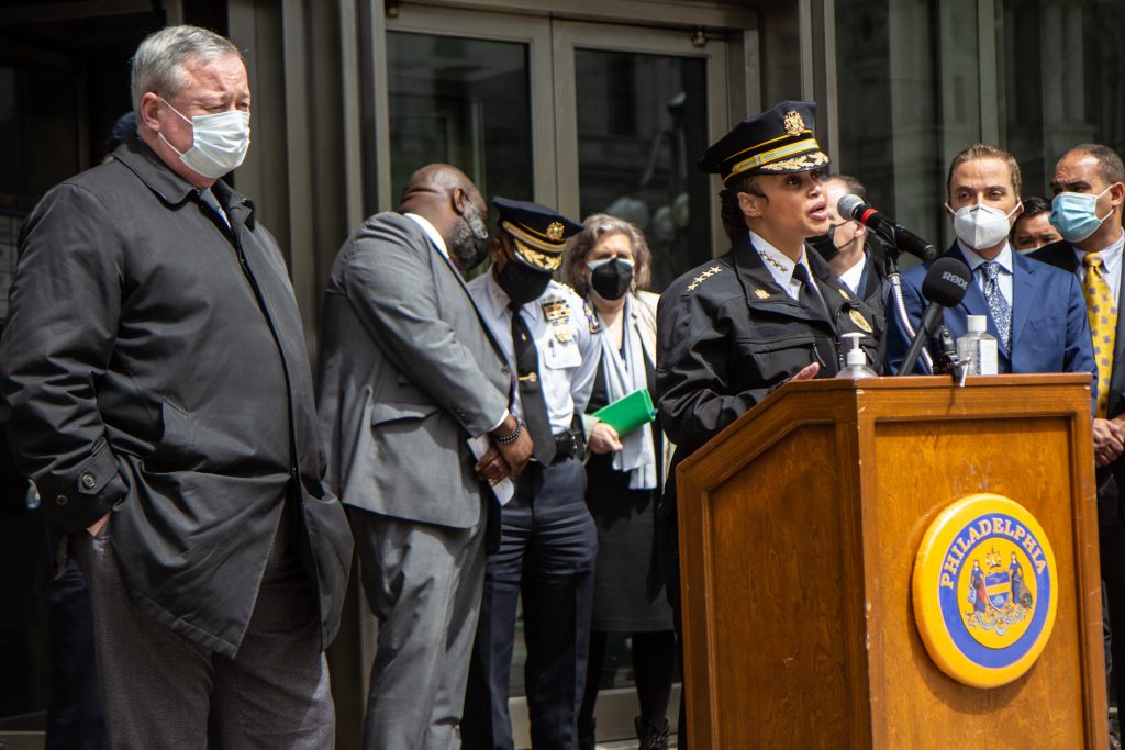 IMG_0989 Philadelphia Police Commissioner Danielle Outlaw joined Mayor Jim Kenney and other city leaders to announce plans and resources available in advance of the verdict in the murder trial of Derek Chauvin. (Kimberly Paynter/WHYY)