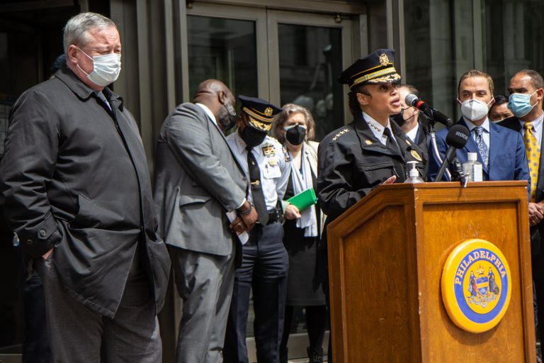 Philadelphia Police Commissioner Danielle Outlaw joined Mayor Jim Kenney and other city leaders to announce plans and resources available in advance of the verdict in the murder trial of Derek Chauvin. (Kimberly Paynter/WHYY)