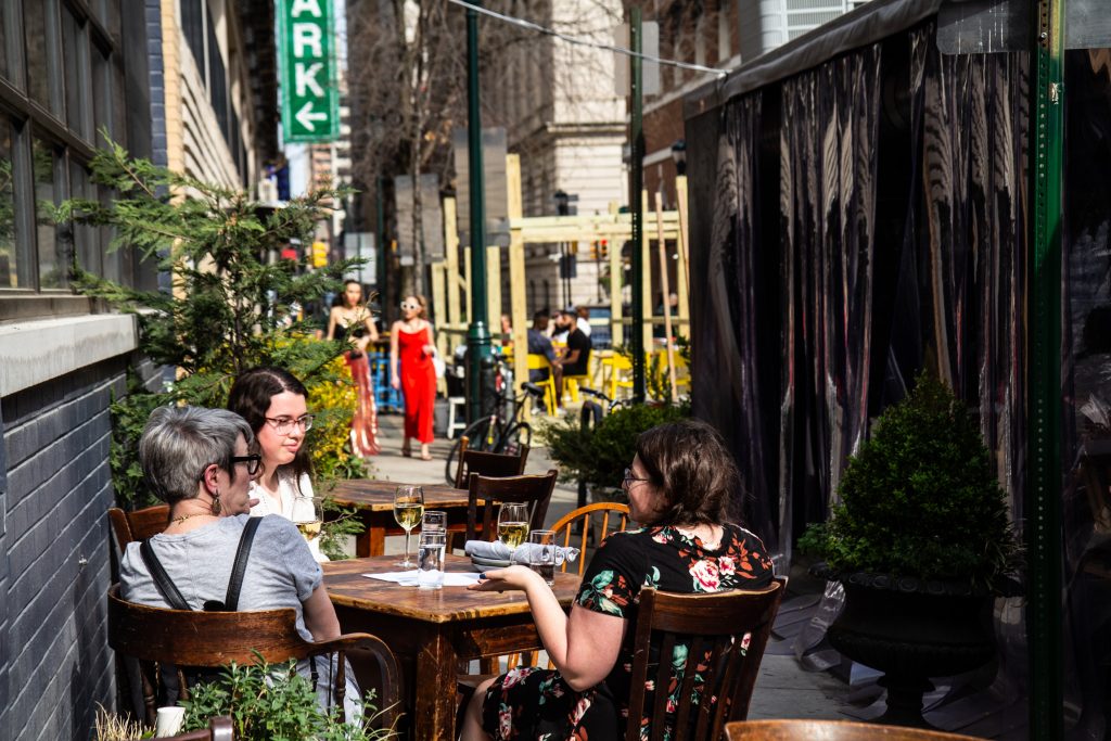 IMG_1793 The 1500-1600 block of Sansom Street in Center City is closed for outdoor dining. (Kimberly Paynter/WHYY)