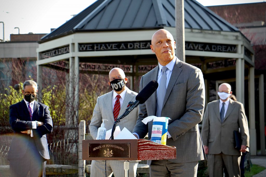 Image from iOS (87) Philadelphia schools Superintendent William Hite calls for equitable school funding during a press conference at Martin Luther King High School. He was joined by District Attorney Larry Krasner, Philadelphia Mayor Jim Kenney, State Senator Vincent Hughes and other officials calling for the adoption of Gov. Tom Wolf's proposed fair school funding formula. (Emma Lee/WHYY)