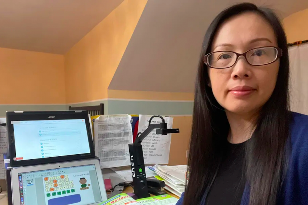 Screen Shot 2021-04-16 at 6.01.39 PM Shuxin Chen, who teachers English language learners at McCall elementary school, has had to adjust to teaching her students over a laptop from her home. (Shuxin Chen)