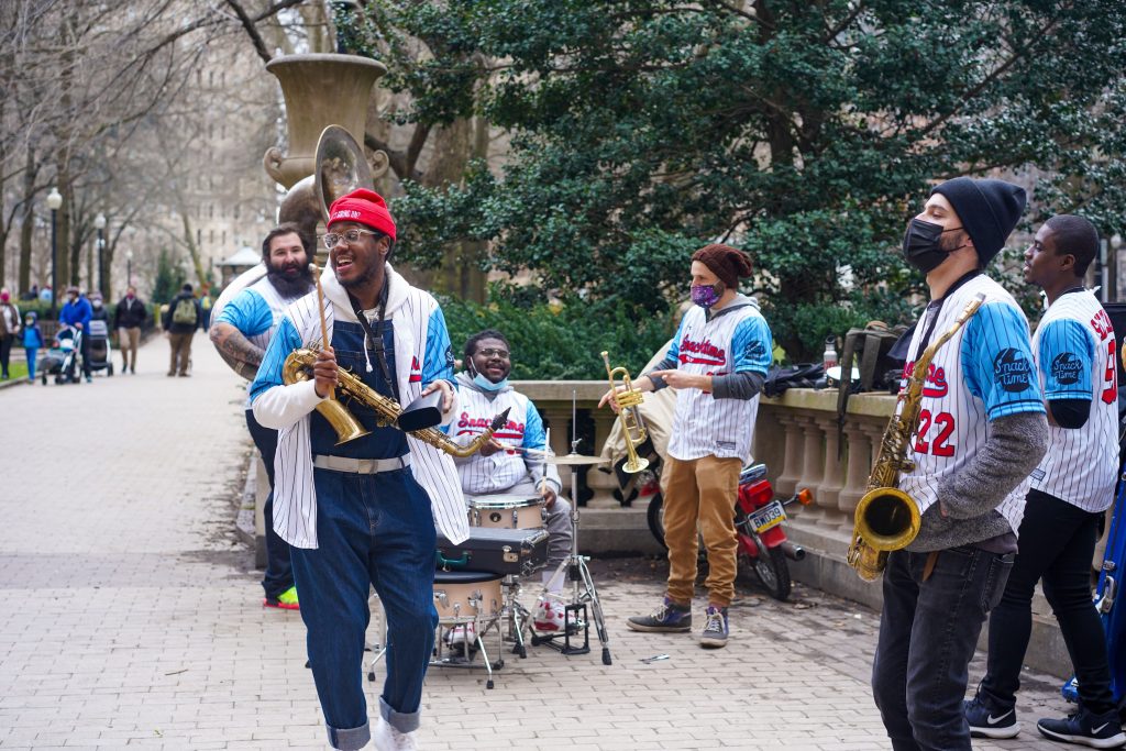 SnackTimeRittenhouse SnackTime, a Philadelphia 10-man brass band playing in Rittenhouse Park. (Photo Courtesy of SnackTime)