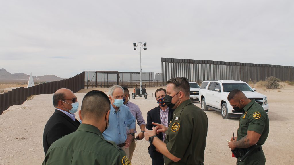 U.S.-Border-Patrol-Tour-of-the-Border-April-6 U.S. Sen. Tom Carper (in blue) of Delaware talks with members U.S. Border Patrol near El Paso, Texas. (courtesy Carper's office)