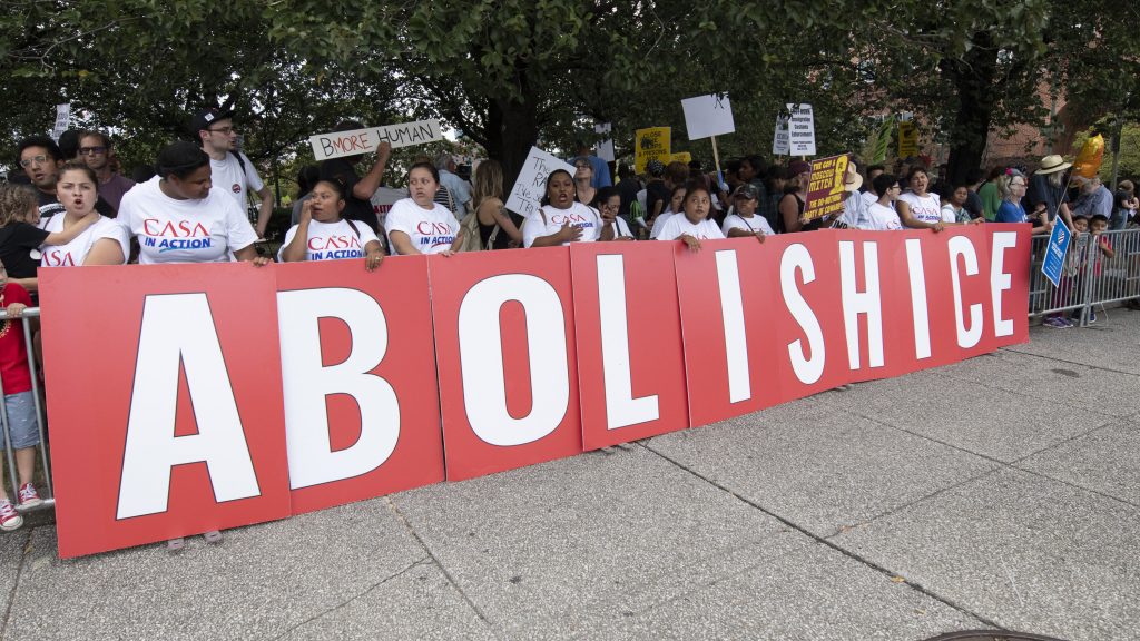 Protesters in Baltimore call for the abolition of ICE in 2019. Protesters in Baltimore call for the abolition of ICE