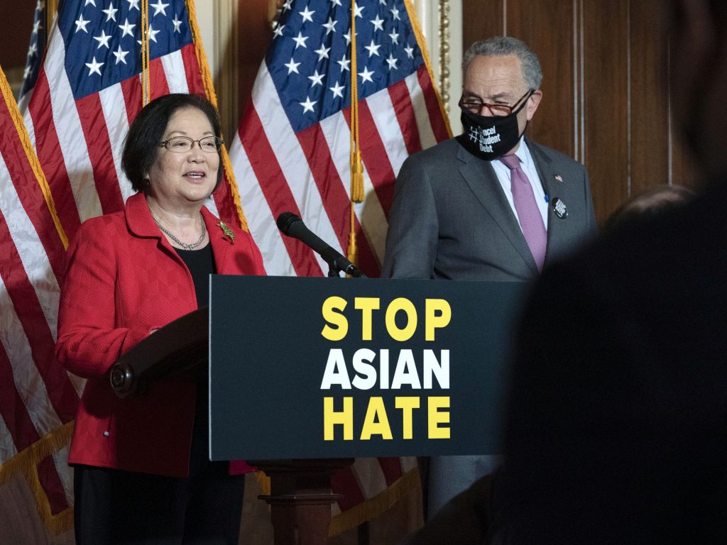 Sen. Mazie Hirono, D-Hawaii, accompanied by Senate Majority Leader Chuck Schumer, D-N.Y., addresses a news conference last week in Washington. Hirono introduced the legislation in the Senate. Sen. Mazie Hirono, D-Hawaii, accompanied by Senate Majority Leader Chuck Schumer, D-N.Y., speaks during a news conference in Washington on April 13. (Jose Luis Magana/AP Photo)