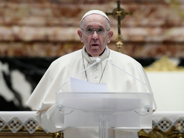 Pope Francis speaks prior to deliver his Urbi et Orbi Blessing, after celebrating Easter Mass