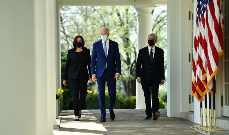President Joe Biden, Vice President Harris and Attorney General Merrick Garland arrive at the White House Rose Garden to speak about gun violence prevention on Thursday. (Brendan Smialowski/AFP via Getty Images)