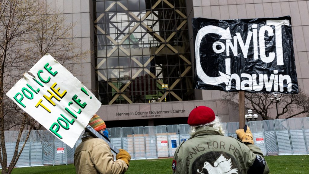 People gather outside the Hennepin County Courthouse in Minneapolis on Tuesday before the jury’s decision returning guilty verdicts against former police officer Derek Chauvin. People gather outside the Hennepin County Courthouse in Minneapolis on Tuesday before the jury's decision returning guilty verdicts against former police officer Derek Chauvin. (Kerem Yucel/AFP via Getty Images)