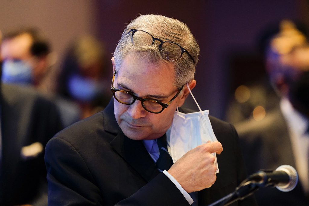 Larry Krasner Philadelphia District Attorney Larry Krasner removes his face mask to speak at a news conference