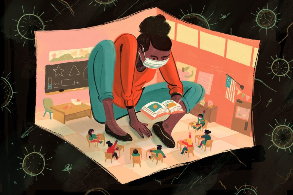Illustration © Ryan Raphael An illustration of a teacher wearing a mask inside a classroom, wherein the teacher is jumbo-size but the students and classroom are small