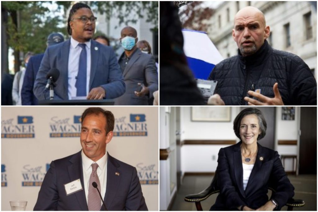 senators op left to bottom right: Malcolm Kenyatta, John Fetterman, Jeff Bartos, Val Arkoosh)