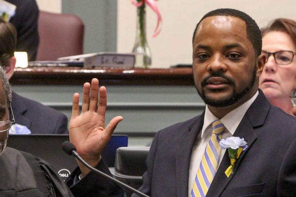 Darius Brown is sworn in as a Delaware State senator at Legislative Hall in Dover in January 2019. (Emma Lee/WHYY)